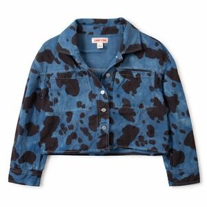 Blue Cow Print Cropped Denim Jacket Womens‎ XL Cotton Western Boho Cowgirl Goth